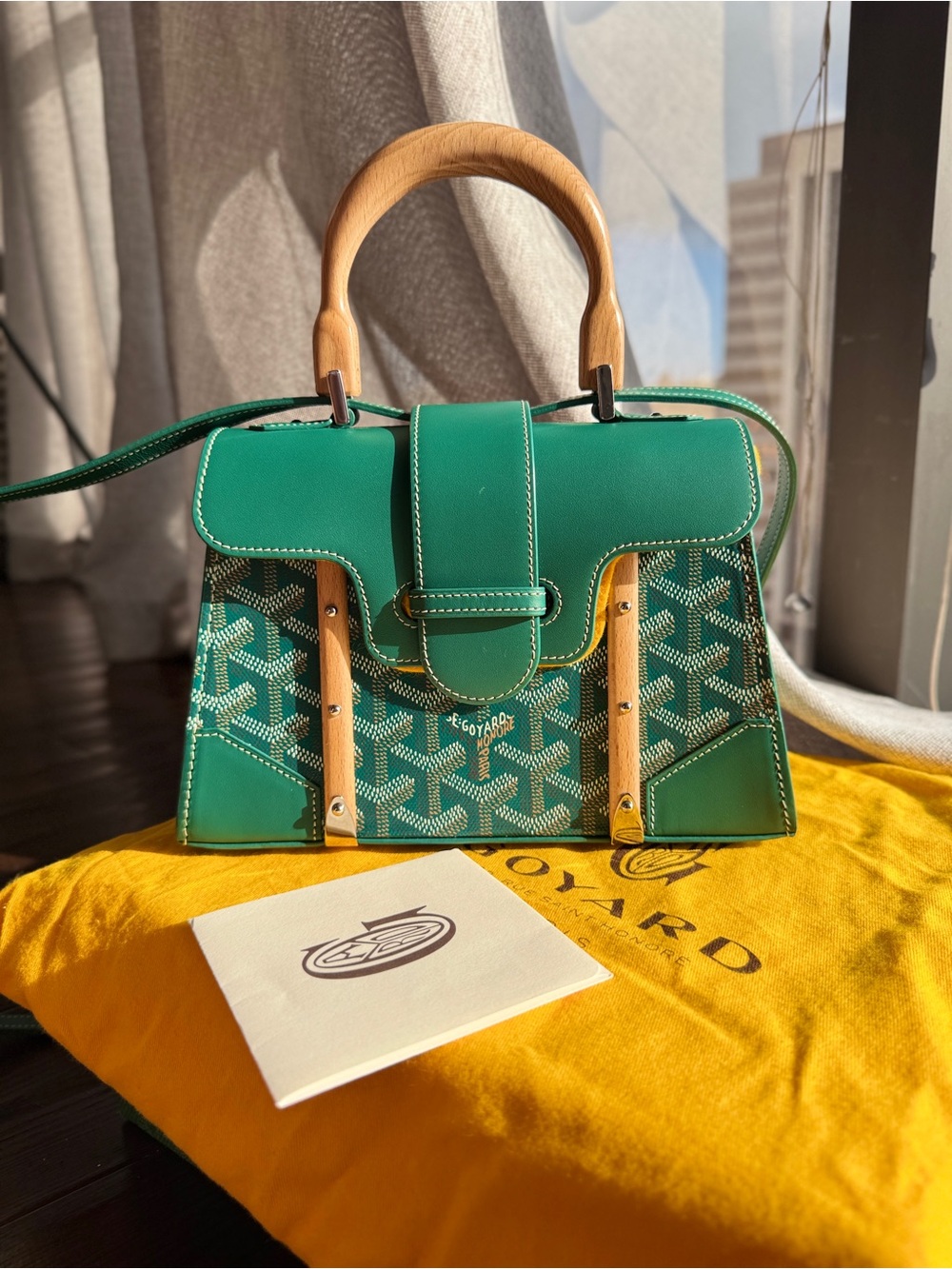 Goyard Teal Green Goyardine Mini Top-Handle Satchel with Wood Accents